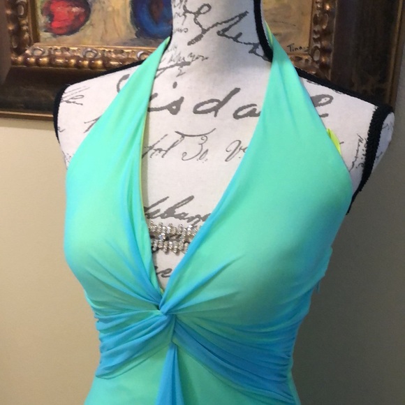 Moved Cache Halter Crystal Vintage Inspired Jeweled lined chiffon overlay gown - Picture 3 of 12